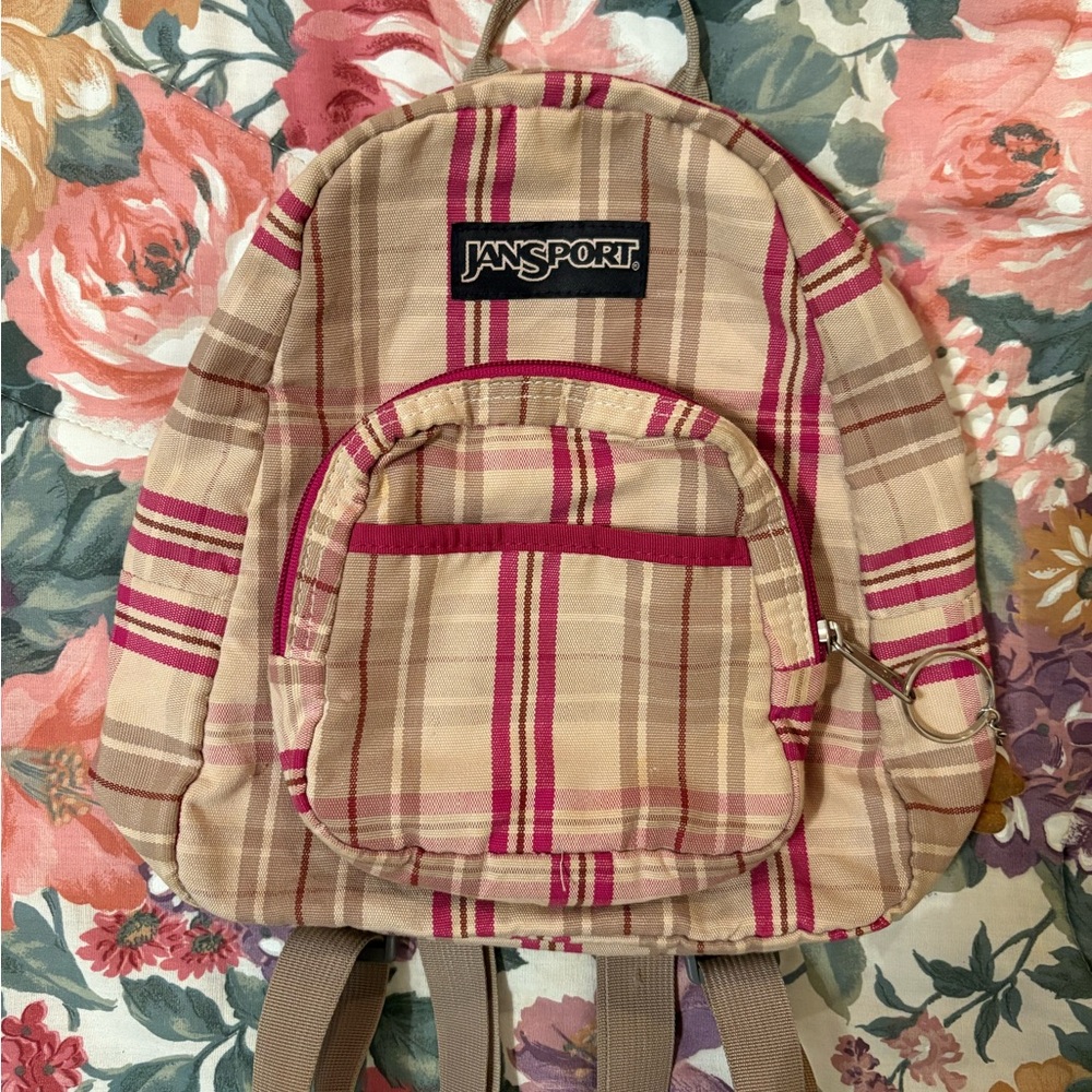 JanSport Beige and Pink Plaid Backpack